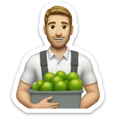 A white man with brown hair and tall carrying many limes in his hands in a supermarket sticker