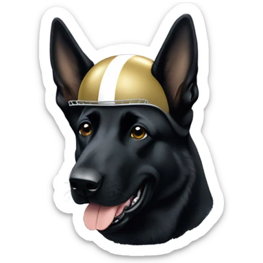 Black German shepherd wearing a notre dame football helmet  sticker