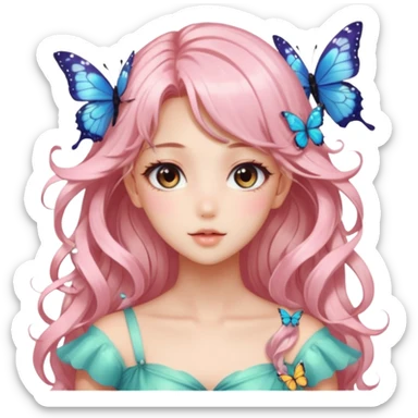 gorgeous shiny blushing anime lady with butterflies and beautiful hair fairycore high quality detailed vogue trending aesthetic sticker