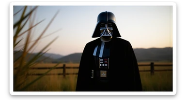 A portrait of a Darth vader in the foreground, blurred plants in the foreground (close to the camera), a wooden fence in the midground, rolling hills in the background, cinematic depth of field, layered composition, natural lighting sticker
