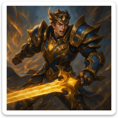 League of Legends inspired hero, ornate armor, glowing weapon, energetic, fantasy style, game art style sticker