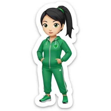Cha: Age 45, a Asian old woman with black hair tie, Green player tracksuit sticker
