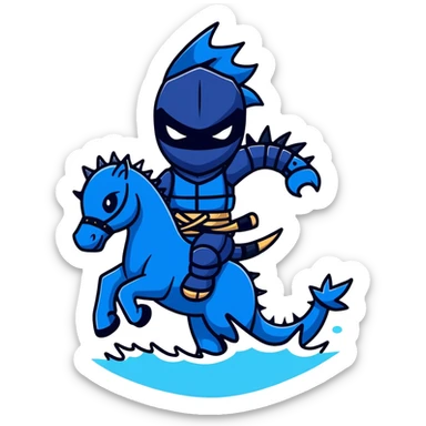 Black ninja water horse with dark blue water elements flowing around it, spiky armor, fierce expression sticker