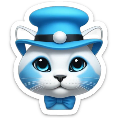 Blue smurf cat with black eyes wearing white mushroom as hat face sticker