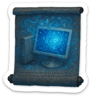 Re-imagine the Windows 'My Computer' icon as a glintstone sorcery, placing a magical, whimsical version of the computer on the blank sorcery scroll. Use ethereal blue glows, arcane effects, and glintstone-style magical energy, blending the computer into the scroll as if it were a spell illustration. 1080 x 1080, transparent background. sticker