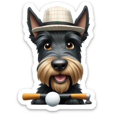 Scottish terrier dog cartoon wearing hat saying Scottie with golf putter sticker