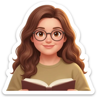 detailed emoji illustration of a curvy woman with long chestnut brown wavy hair, light brown eyes and round glasses, sitting comfortably and reading a book, warm sunlight, peaceful atmosphere, emoji style sticker
