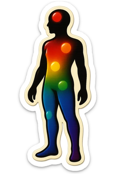 silhouette of a person with multicolored dots on different parts of the body, symbol of psychosomatic zones, retro sticker style, clear contours, shadows and highlights, psychosomatic theme sticker