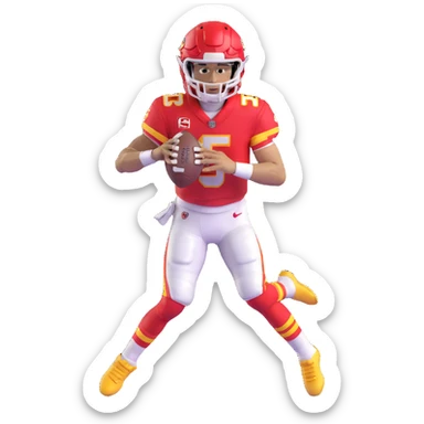 Patrick Mahomes, Kansas City Chiefs quarterback with curly hair, football uniform sticker