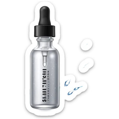 Slim clear dropper bottle with white cap and minimal black text label. Floating above a silver ripple, with icy shimmer rings pulsing outward. Surrounded by tiny frozen sparkles and wrinkle-smoothing energy beams. Looks like a precision anti-aging serum potion — sharp, cold, and potent. sticker