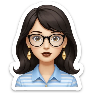 An emoji featuring a woman with long wavy dark brown hair and a whispy bang, wearing thick black square glasses, gold drop earrings. She has long lashes and a nude browny glossy lipstick. She's wearing an oversize light blue shirt with white vertical strips. sticker