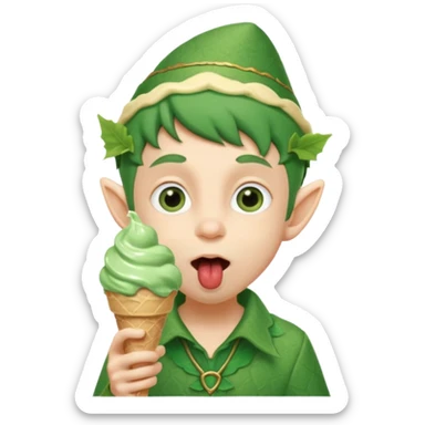 
A young elf boy in leafy clothes licking a triple-scoop ice cream with wide eyes.

 sticker