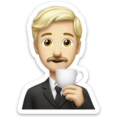 white blond boy with a mustache waiting with a tea sticker