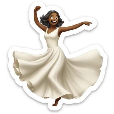 An emoji of a dancing woman wearing a flowing dress, mid-dance with one arm raised and a joyful expression sticker