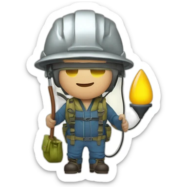 Homme en cuissarde de pêche avec un casque une lampe à huile et un sac speleo sticker