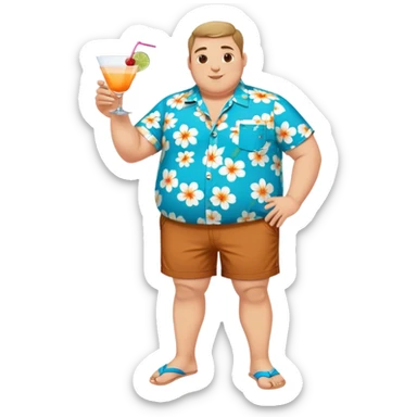 chubby guy full figure in a flowered azure havai shirt, brown shorts and flippers holding a cocktail sticker