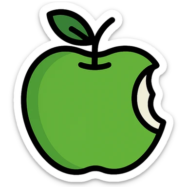green apple with a bite taken out of it, looking fresh and slightly sour, clean modern style sticker