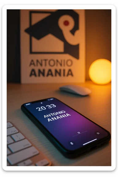 A photo of an iPhone on the desk with the message "Antonio Anania" on its screen, The phone sits atop a desk with a blurred with the logo in the background that suggests work environment. A faint glow from above casts gentle shadows across the surface of each object, creating depth and highlighting their textures sticker