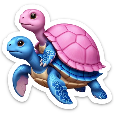 A blue turtle on top of a pink turtle sticker