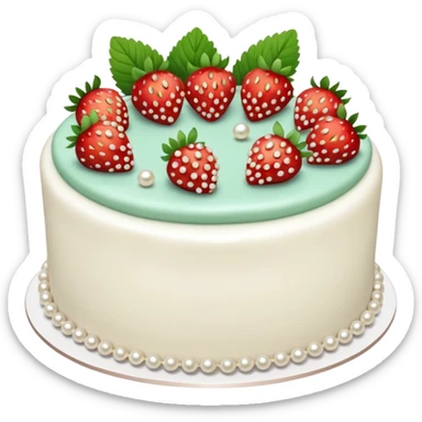 white cake with strawberries, edible pearls, and mint leaves sticker