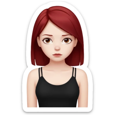 a pretty bratz fair girl with dark red straight hair, black cami top, looking sad sticker