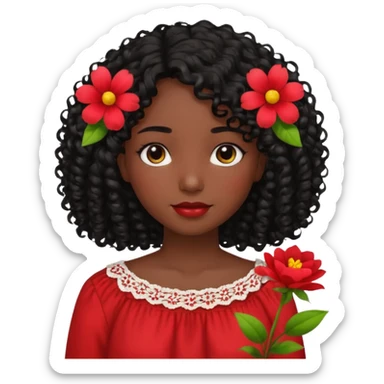 A girl with shoulder-length curly hair, dark skin, and black hair is wearing a red blouse with flowers. sticker