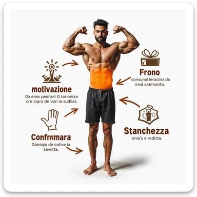 realistic infographic in Italian: bodybuilder with lower torso highlighted in orange, arrows pointing to 'Calo della motivazione' and 'Stanchezza', attention symbol, medical style, white background sticker