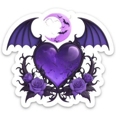 gothic heart purple glass crescent moon black roses devil horns tail bat wings radiant stardust double lightning bolts stormy rain splintered glass sticker