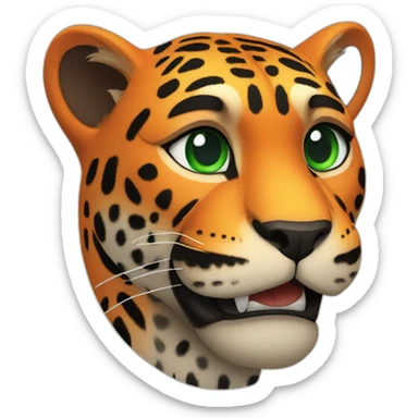 pixar like image orange jaguar green eyed athletic with liht smile with black tshirt with the word BALAM written on it sticker