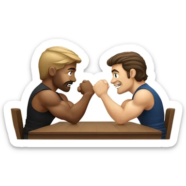 Two men armwrestling sit in front of a table. White men. Brown hair  sticker