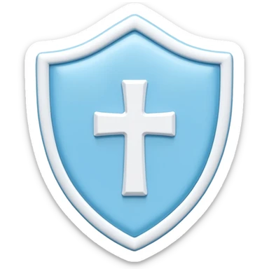 A cute 3D render icon of a protective shield. Rounded edges, plump, glossy plastic material. Sky blue and white color palette. A subtle, soft white cross or heart symbol embossed in the center. Clean studio lighting, soft shadows. Isolated on a light pastel background. Minimalist design. sticker