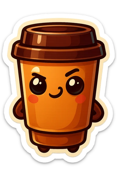 Tall coffee cup, mischievous eyes, pondering sticker