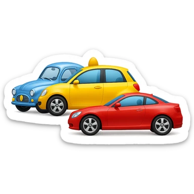 Combine the three cars (red, blue, yellow) into one emoji, all side by side, in the style of apple emojis, with no background. sticker