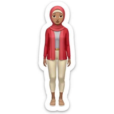 woman with medium-brown skin wearing a light red hijab, cream top, light red pants, tan shoes, and a visible gray below-knee hook-shaped prosthetic leg. Standing confidently with one hand on her hip sticker