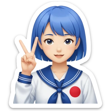 Energetic anime girl with short blue hair wearing Japanese sailor style school uniform, winking and making peace sign, kawaii style sticker