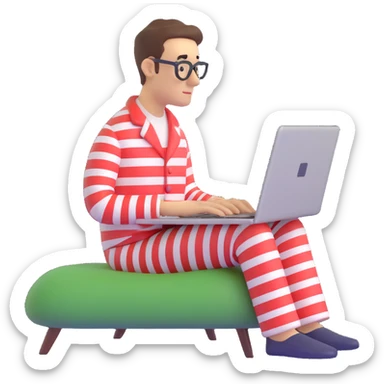 man in striped pajamas typing on a laptop, emoji style sticker