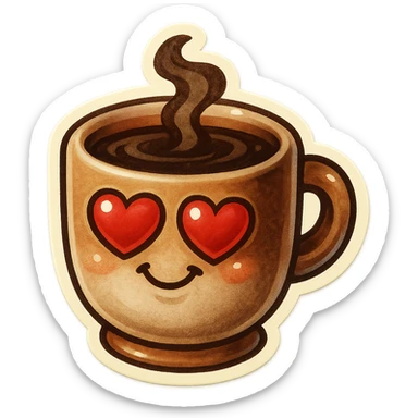 Ink wash style, coffee cup creature, big heart eyes, dopey smile sticker