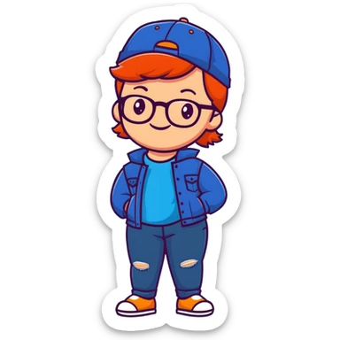 Young person with red hair, glasses, earrings and a wonderful smile, wearing blue clothes, jeans and a cap sticker