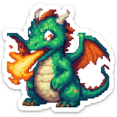 Add fire breath to the cute dragon in pixel art style, no background, keep pixel art aesthetic and details. sticker