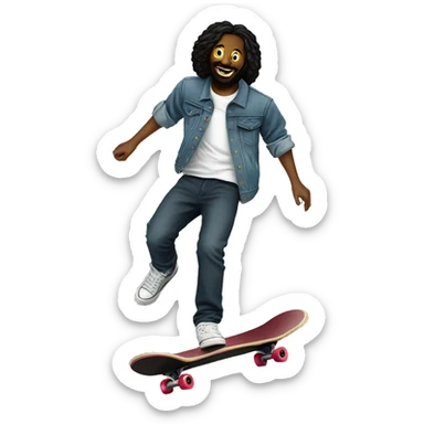Black Jesus Ollie skateboarding with smiley face T-shirt and a denim jacket  sticker