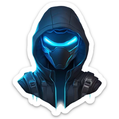 developer behind his laptop with this style : crysis Cyberpunk Valorant neon glowing bright blue character blue black hooded assassin themed character sticker