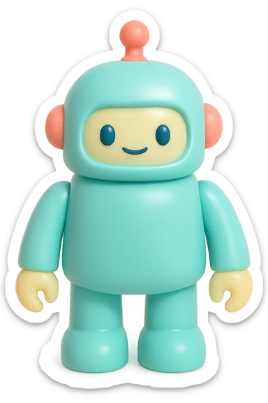 a robot vinyl figure, shiny metallic surface, friendly expression sticker