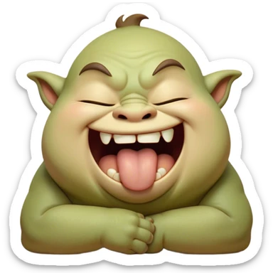 Cinematic Cute Yawning Ogre Portrait Emoji, with a surprisingly cuddly, rotund figure in soft earthy greens and browns, head tilted back in a big, gentle yawn exposing a set of comically oversized teeth, simplified yet irresistibly adorable, highly detailed with a soft glowing outline that captures the sleepy charm of a friendly ogre after a long day of gentle mischief! sticker