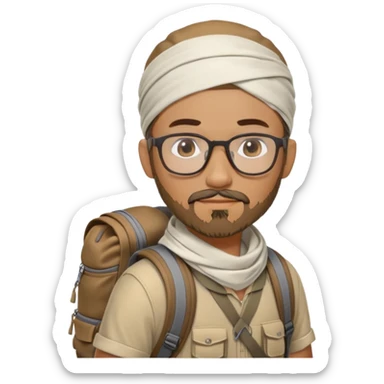 adventurer with goatee beard (no beard on cheeks), short hair, glasses, bandana on head and backpack sticker