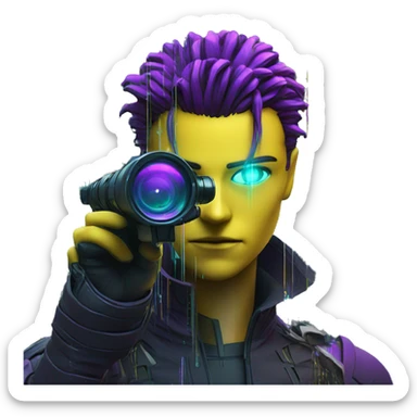 Secret human yellow emoji face agent with  cyberpunk elements with a spyglass scanning looking reviewing multicolor lines of code, cyan and purple colors, only upper body portrait sticker