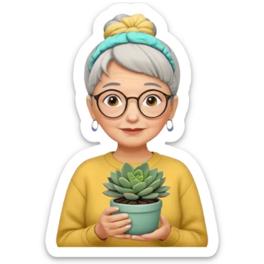 Abuela con cabello canoso en moño, expresión tierna, gafas redondas, suéter amarillo y detalles relacionados con plantas. Estilo amable y acogedor. sticker