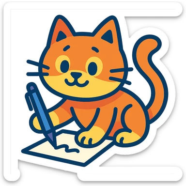 a cute cat writing with a pen, playful style, vibrant toon style sticker