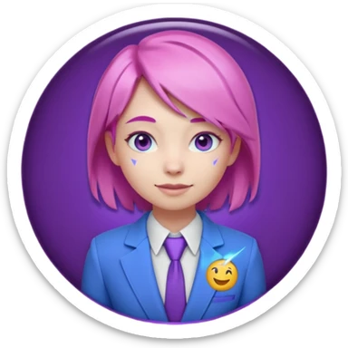 Cute 3D emoji-style girl sexy character with pink hair and purple eyes, inside a circular badge. No hands, no pose. Clean purple suit with a glowing neon-blue ‘C’ logo on the chest, small lightning accent. Smooth Apple-style lighting, friendly expression sticker