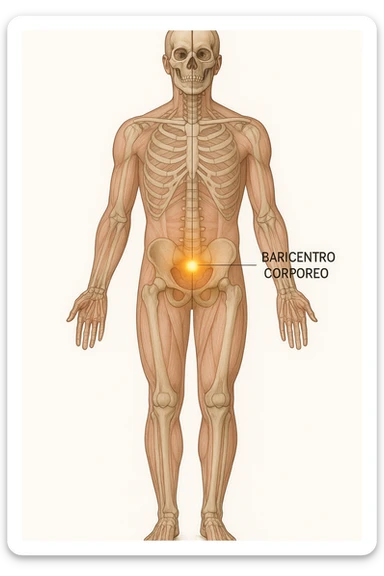 Anatomical, vertical medical illustration of the human body in a neutral standing position, highlighting the body's center of gravity (baricentro corporeo) with a glowing dot or sphere at the correct anatomical location. Transparent overlay shows skeletal and muscular structures. Clean, educational style, white background, clear labels, vertical format. sticker