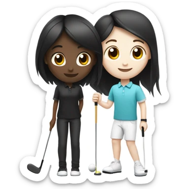 white skin black long hair girl and white skin black hair boy playing mini golf  sticker